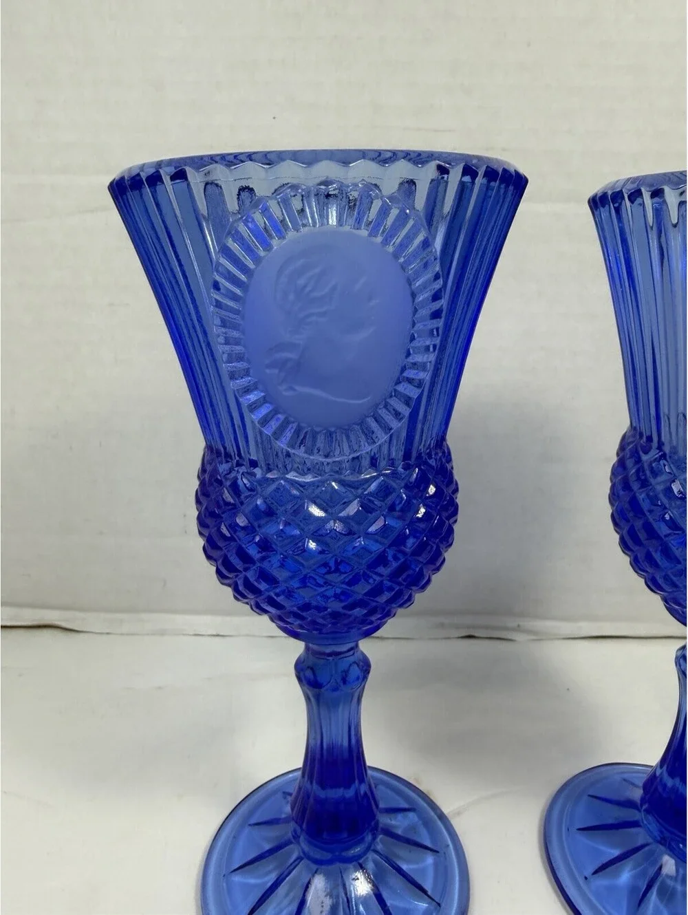 Vintage 1976 Avon Fostoria Cobalt Blue George Martha Washington Goblets Pair
